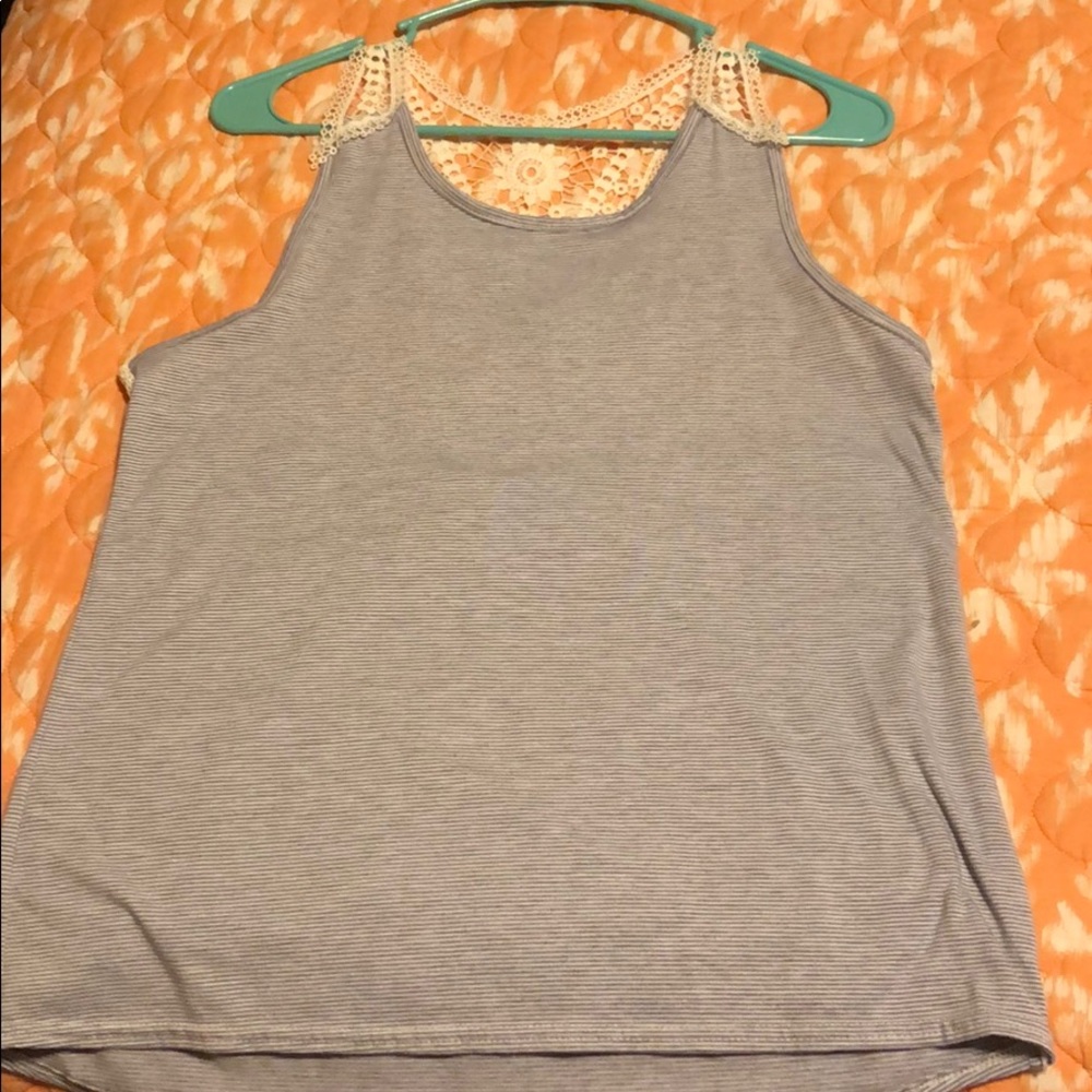 Blue white striped tank top with lace back